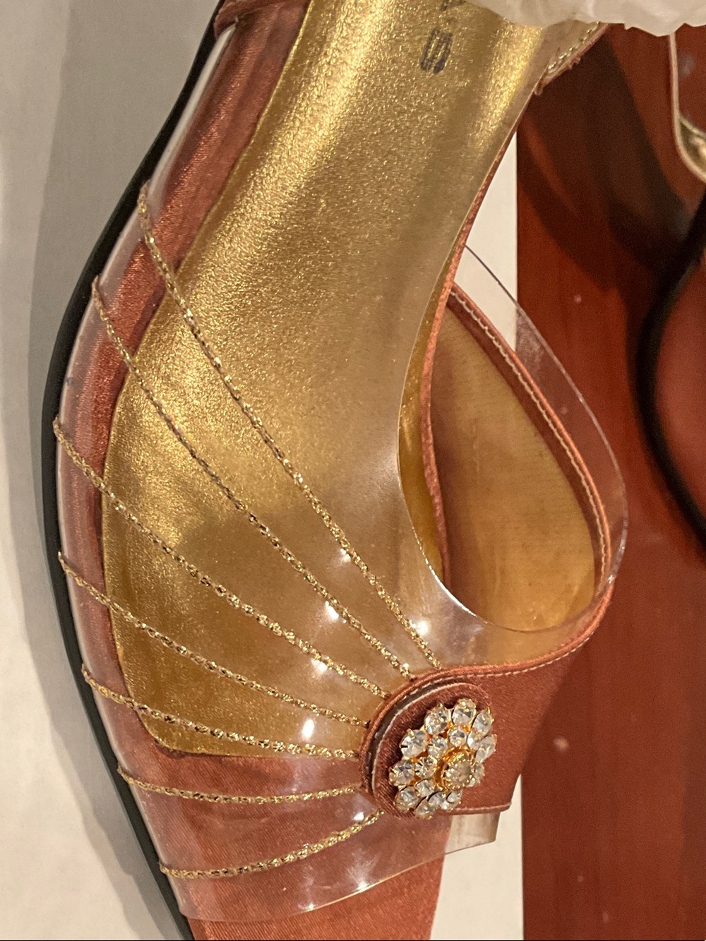 Cinderella Copper and Gold Clear-Strap Rhinestone Heels